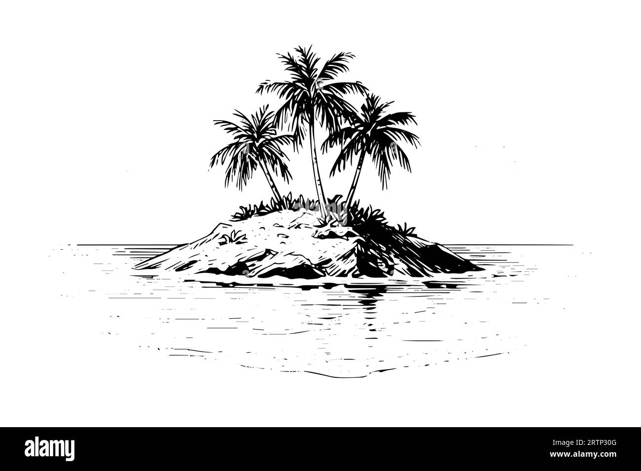 Îles avec palmiers paysage dessin à l'encre dessiné à la main. Illustration vectorielle de style de gravure. Illustration de Vecteur