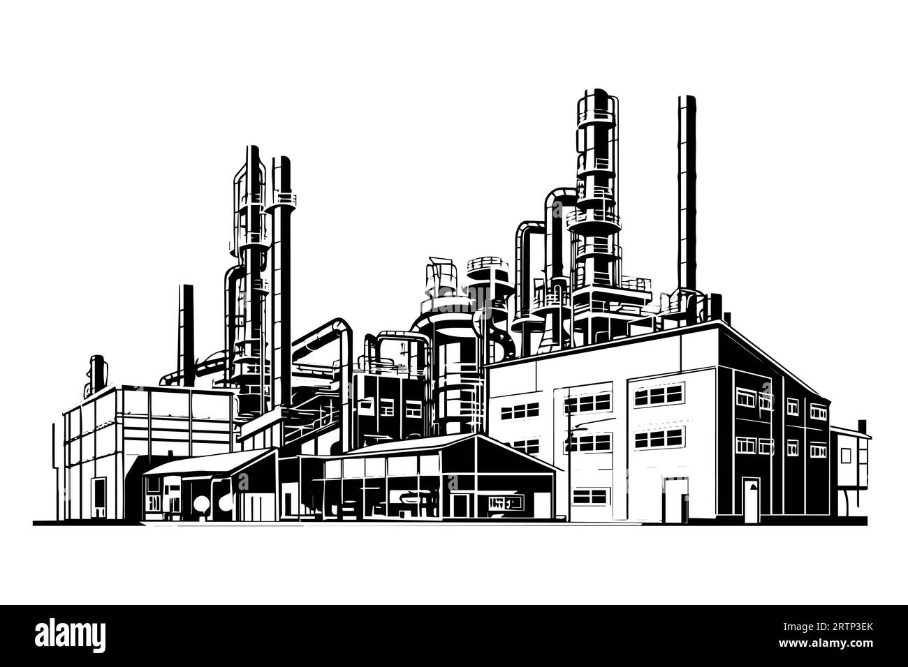 Dessin à l'encre de dessin à la main de style de gravure de paysage industriel. Illustration vectorielle de l'industrie pétrolière. Illustration de Vecteur