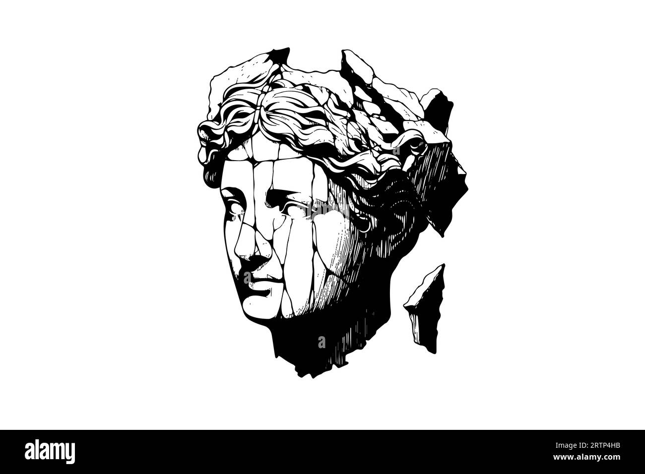 Tête de statue fissurée de sculpture grecque esquisse gravure style illustration vectorielle. Illustration de Vecteur