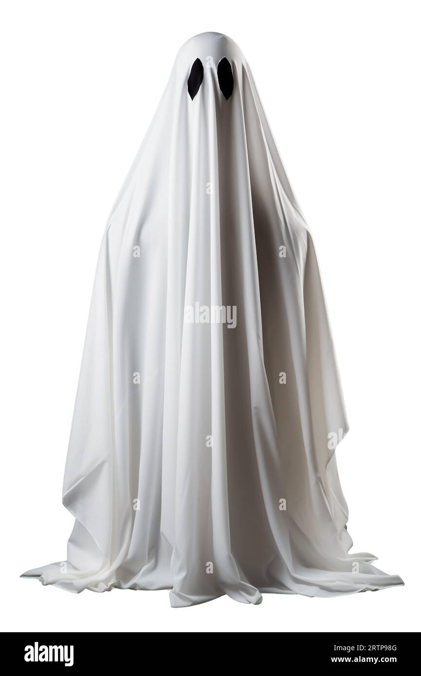 Costume fantôme fabriqué à partir d'une feuille blanche sur un fond blanc. Tenue de fête d'Halloween. Banque D'Images