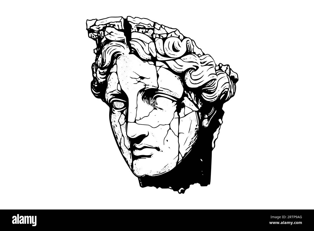 Tête de statue fissurée de sculpture grecque esquisse gravure style illustration vectorielle. Illustration de Vecteur