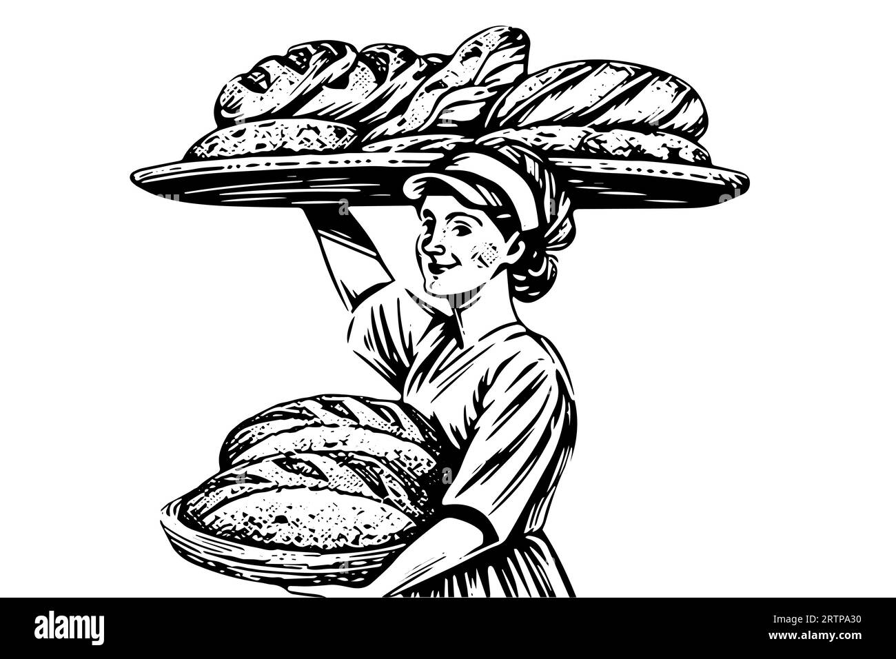 Croquis à l'encre dessiné à la main d'une boulanger femelle avec du pain cuit sur un plateau Illustration vectorielle de style gravé. Conception pour logotype, publicité. Illustration de Vecteur