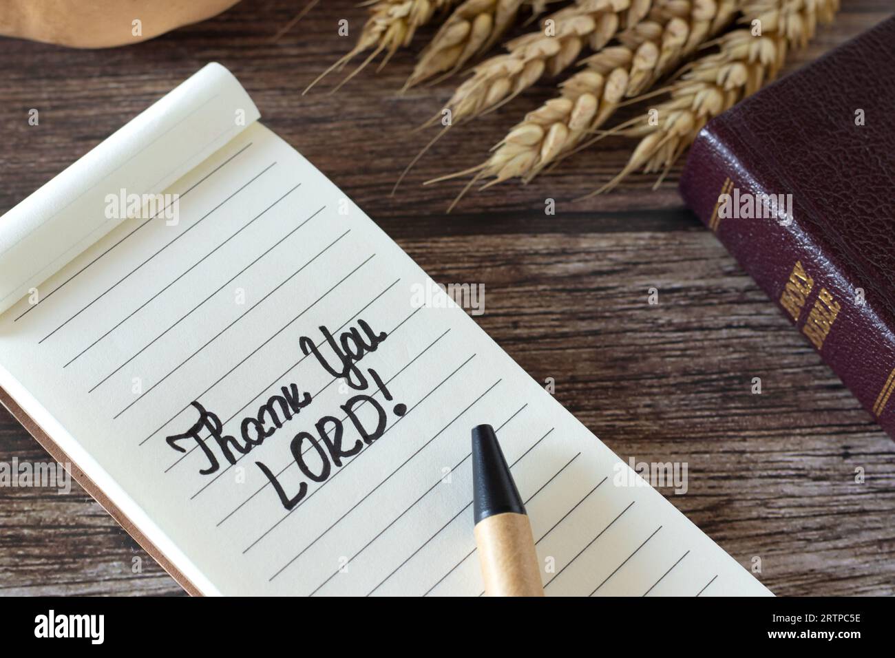 Merci, Seigneur, citation manuscrite dans un cahier avec stylo, livre biblique, et tiges de blé mûr sur une table en bois. Gros plan. Concept Christian Thanksgiving. Banque D'Images