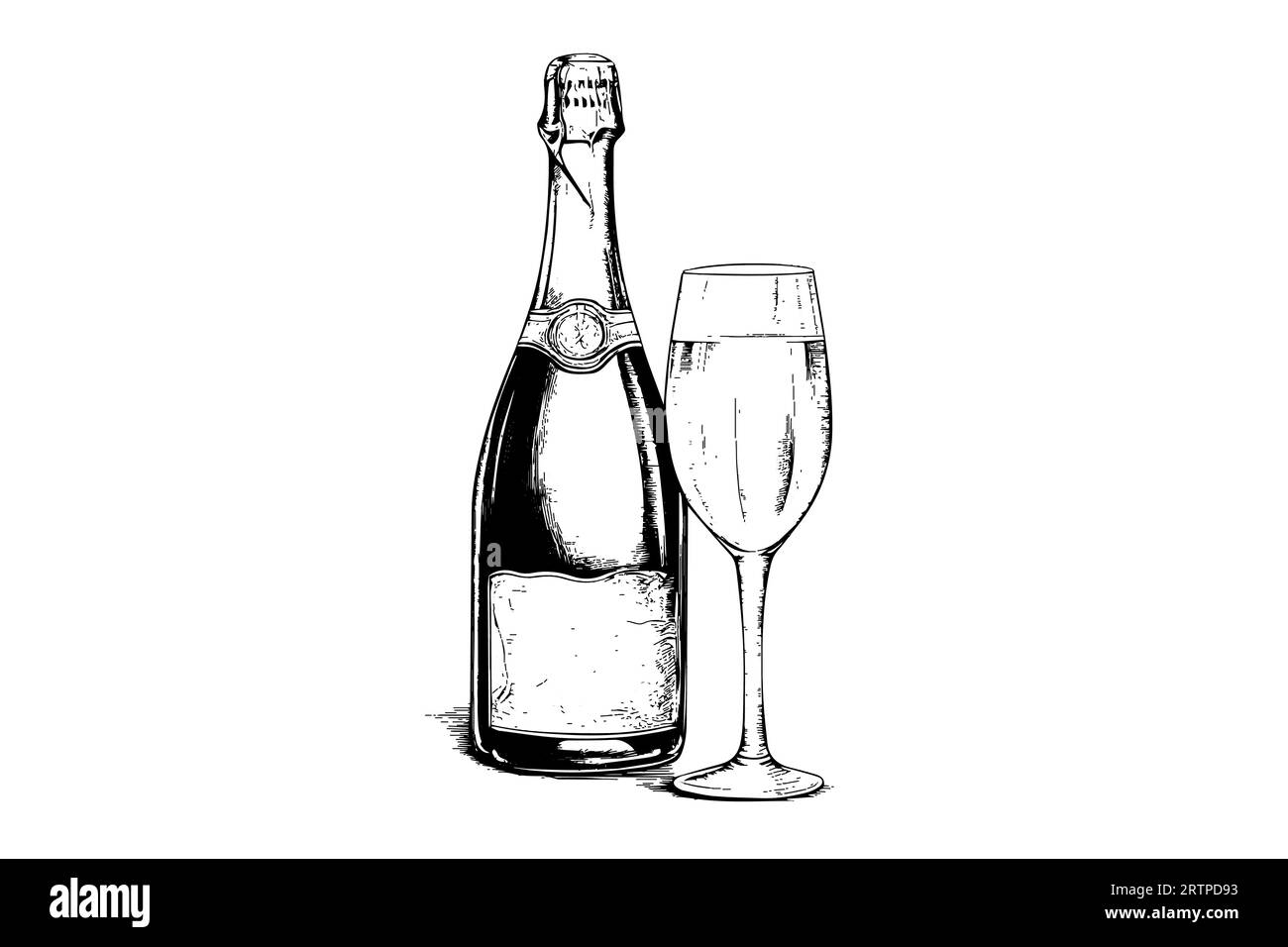 Bouteille avec champagne et art de style gravure en verre à vin, illustration vectorielle dessinée à la main. Illustration de Vecteur