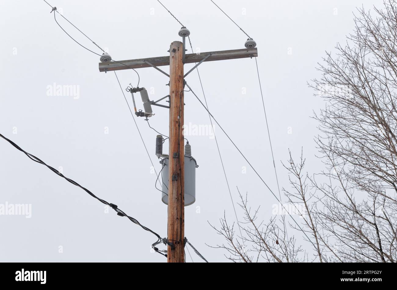 Poteau utilitaire en bois sous la pluie. Québec, Canada Banque D'Images