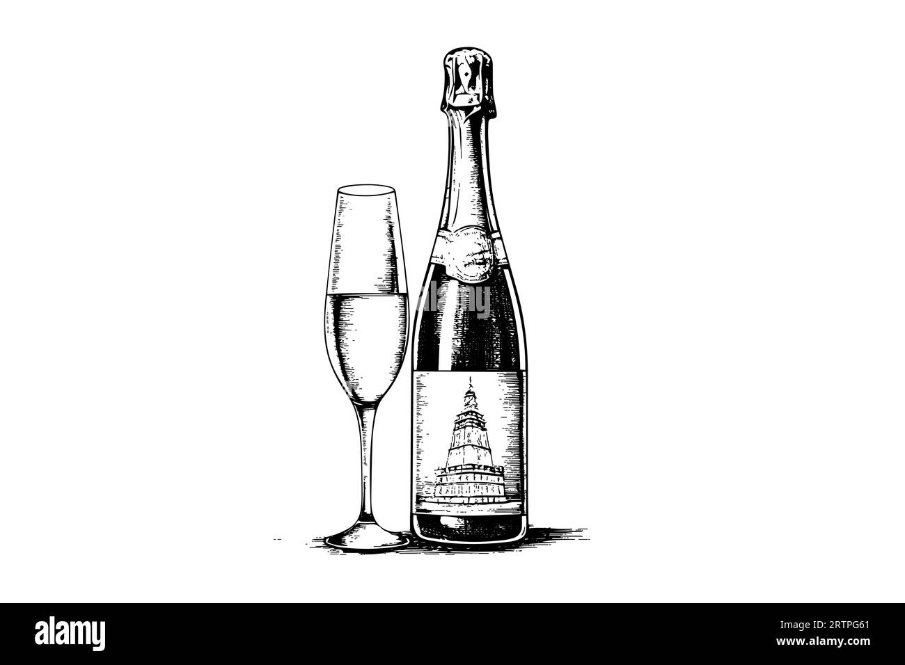 Bouteille avec champagne et art de style gravure en verre à vin, illustration vectorielle dessinée à la main. Illustration de Vecteur