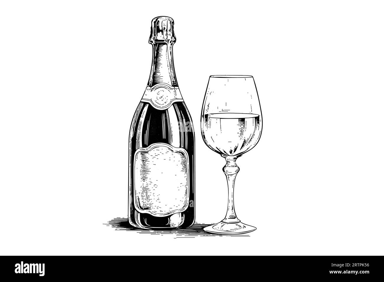 Bouteille avec champagne et art de style gravure en verre à vin, illustration vectorielle dessinée à la main. Illustration de Vecteur