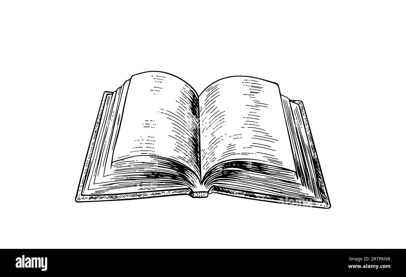 Ouvrir l'illustration vectorielle de gravure de croquis de livre. Imitation de style planche à gratter. Illustration de Vecteur