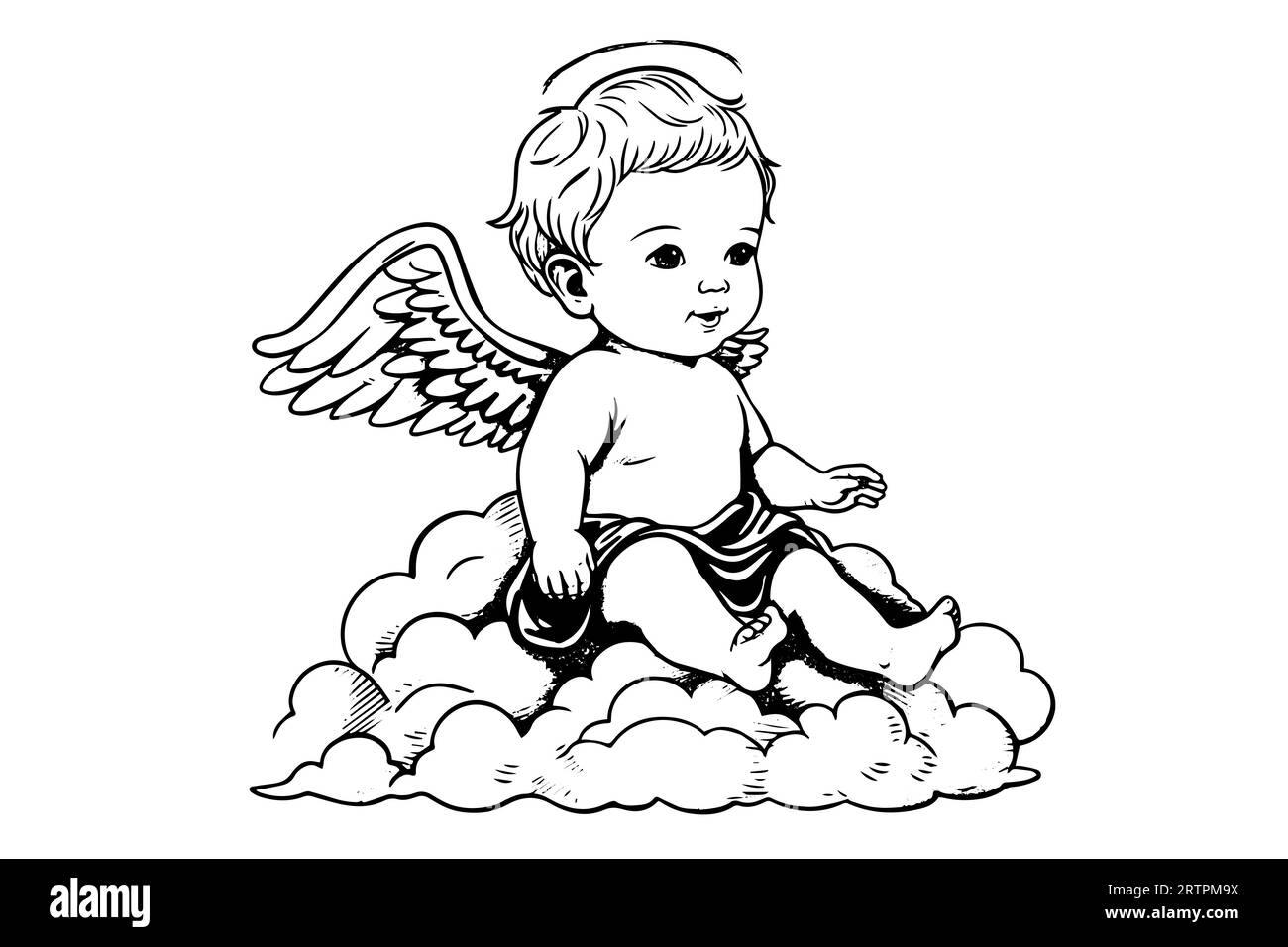 Croquis de gravure dessiné à la main d'un mignon petit ange assis sur un nuage. Illustration vectorielle. Illustration de Vecteur