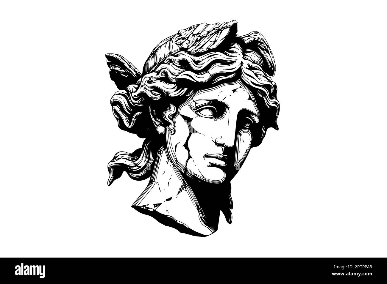 Tête de statue fissurée de sculpture grecque esquisse gravure style illustration vectorielle. Illustration de Vecteur