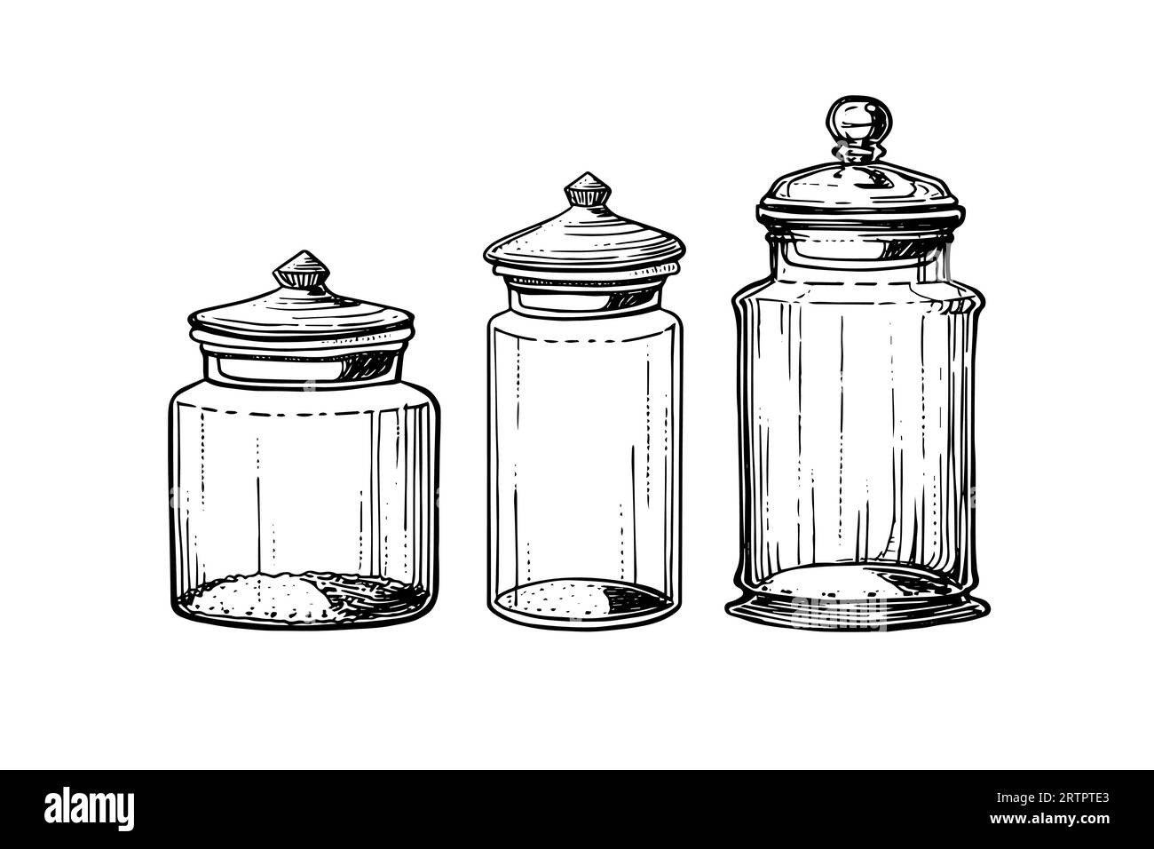 Croquis à l'encre des pots en verre vides. Illustration de gravure noire vintage Vector. Illustration de Vecteur