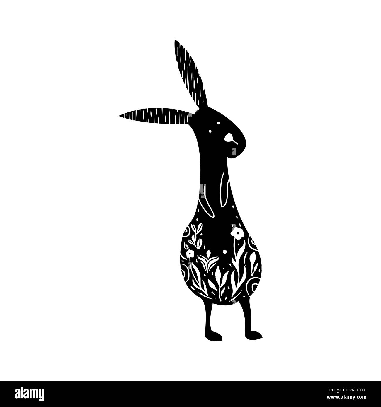 Adorable lièvre ou lapin sauvage assis dans des fleurs, dessiné à la main dans le style linogravure. Illustration vectorielle de style Linocut, isolé sur fond blanc Illustration de Vecteur