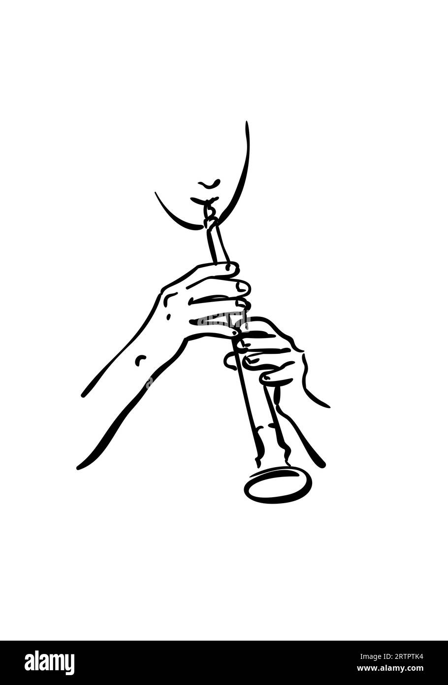 Homme jouant de la flûte, dessin d'un instrument de musique à vent avec les mains isolées, Vector esquisse linéaire simple, illustration dessinée à la main Illustration de Vecteur