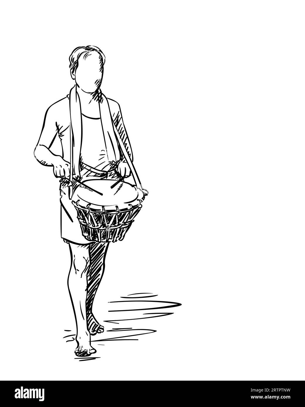 Tambour un homme de tambour marchant pieds nus, dessin d'une personne sans visage jouant un instrument de musique à percussion, Vector esquisse simple, illustration dessinée à la main Illustration de Vecteur