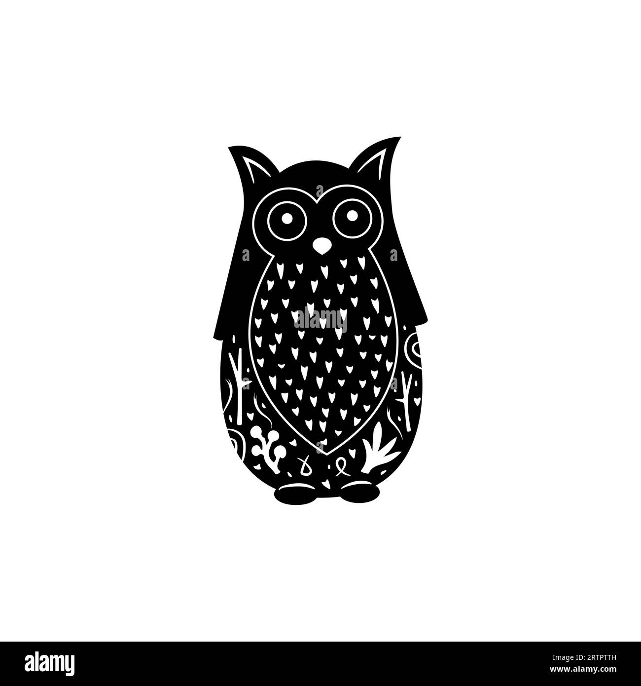 Illustration vectorielle mignonne hibou avec des éléments floraux blancs. Owl illustration vectorielle isolée dans le style linogravure. Conception de timbre vintage pour l'impression. Illustration de Vecteur