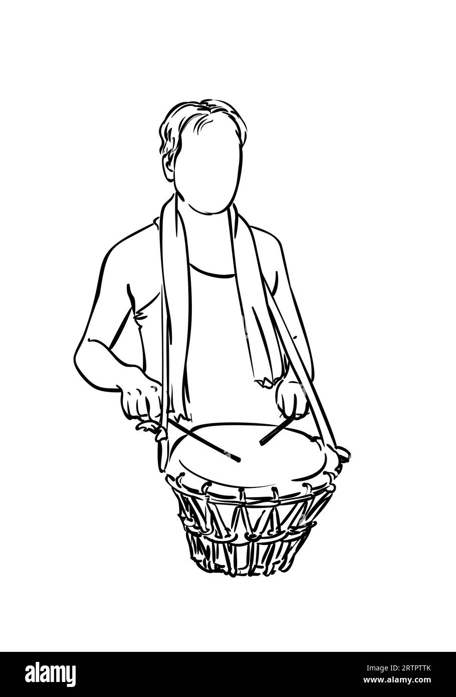 Homme tambourinant le tambour, dessin d'une personne sans visage jouant un instrument de musique à percussion, haut du corps isolé, dessin linéaire simple vecteur, dessiné à la main Illustration de Vecteur