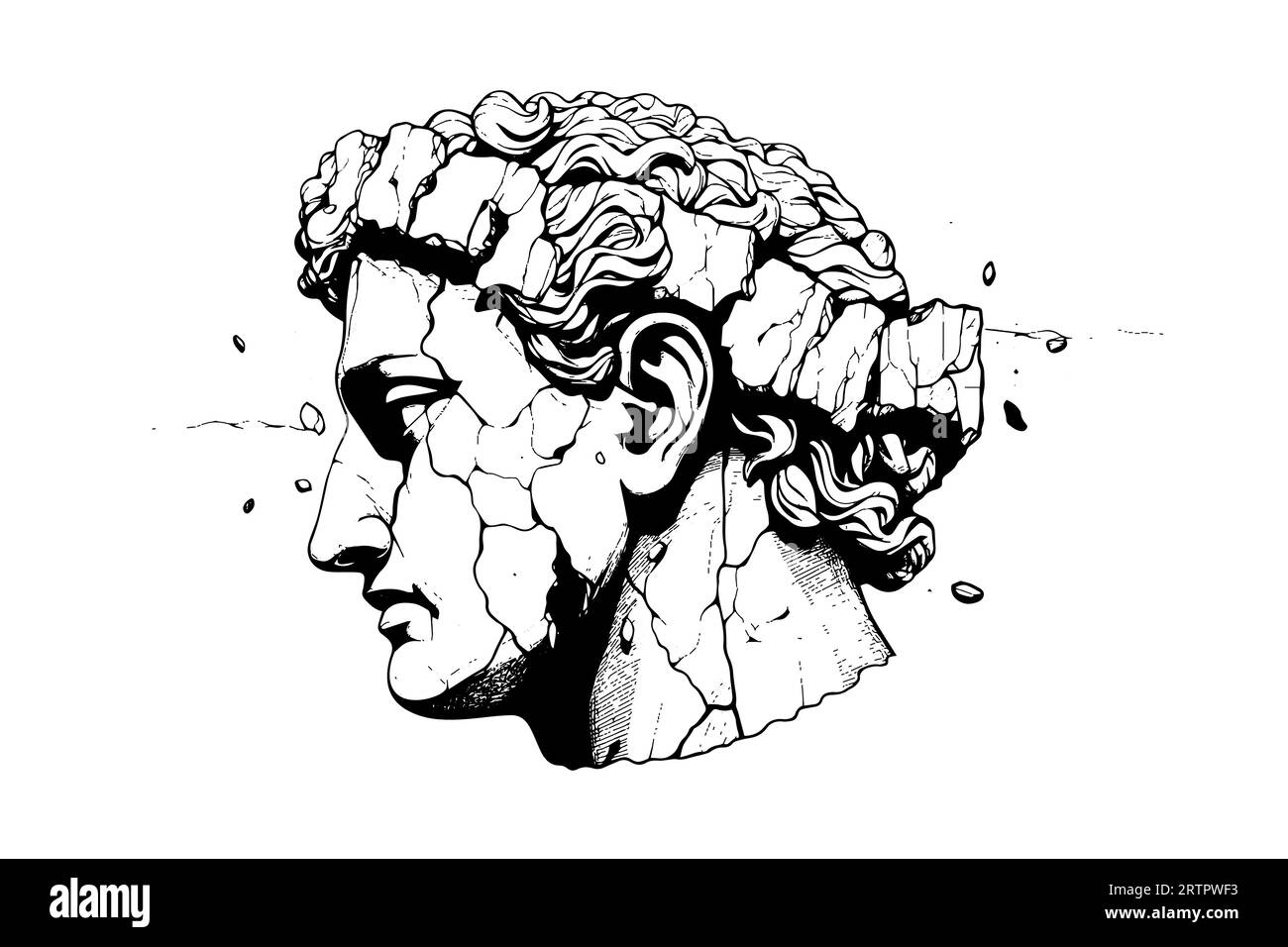 Tête de statue fissurée de sculpture grecque esquisse gravure style illustration vectorielle. Illustration de Vecteur