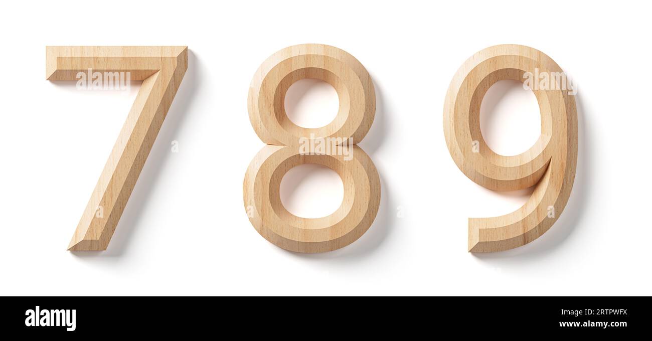 Lettres et chiffres en bois. illustration 3d de l'alphabet en bois isolé sur fond blanc Banque D'Images