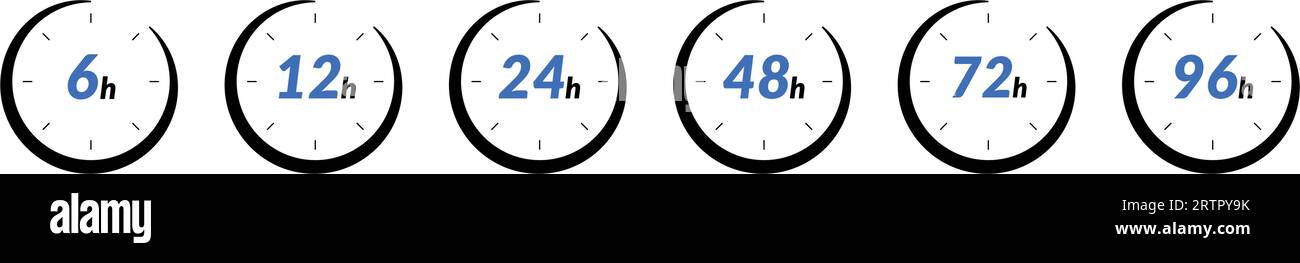 icône de délai de livraison rapide 24h et 48h. Horloge montrant 12 et 6 heures, à vendre et logo de livraison rapide. Représente 24, 36 et 72 heures. Vecteur plat Illustration de Vecteur