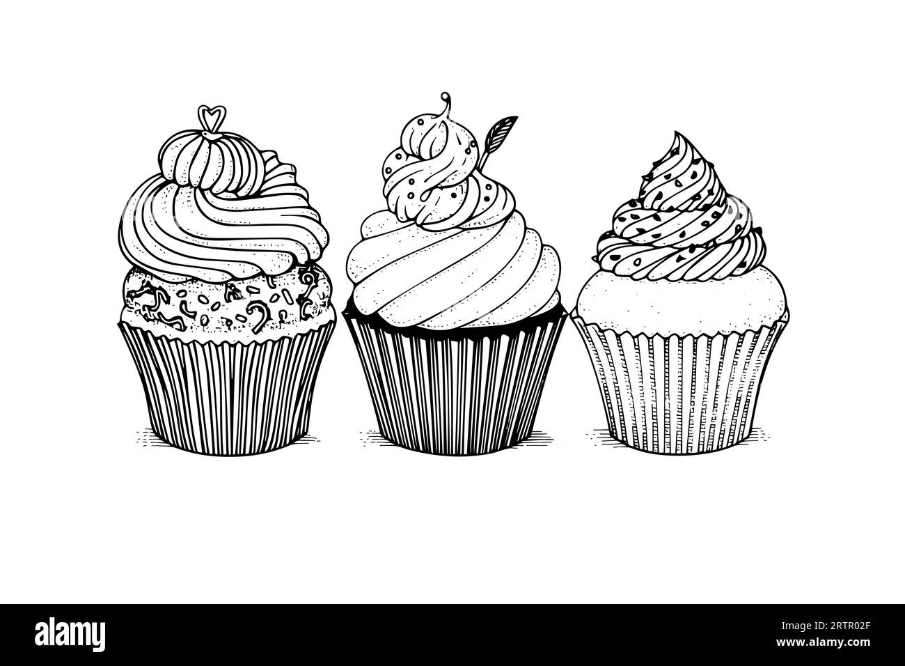 Ensemble de cupcake dans le style de gravure. Esquisse à l'encre isolée sur fond blanc. Illustration vectorielle dessinée à la main. Illustration de Vecteur