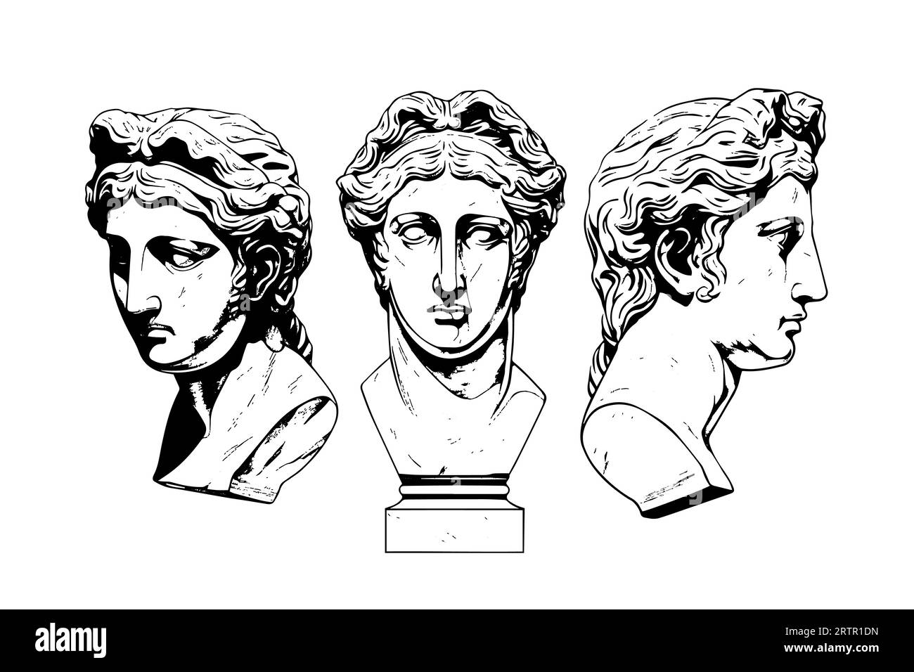 Ensemble de tête de statue antique de sculpture grecque esquisse gravure style pack d'illustration vectorielle. Illustration de Vecteur
