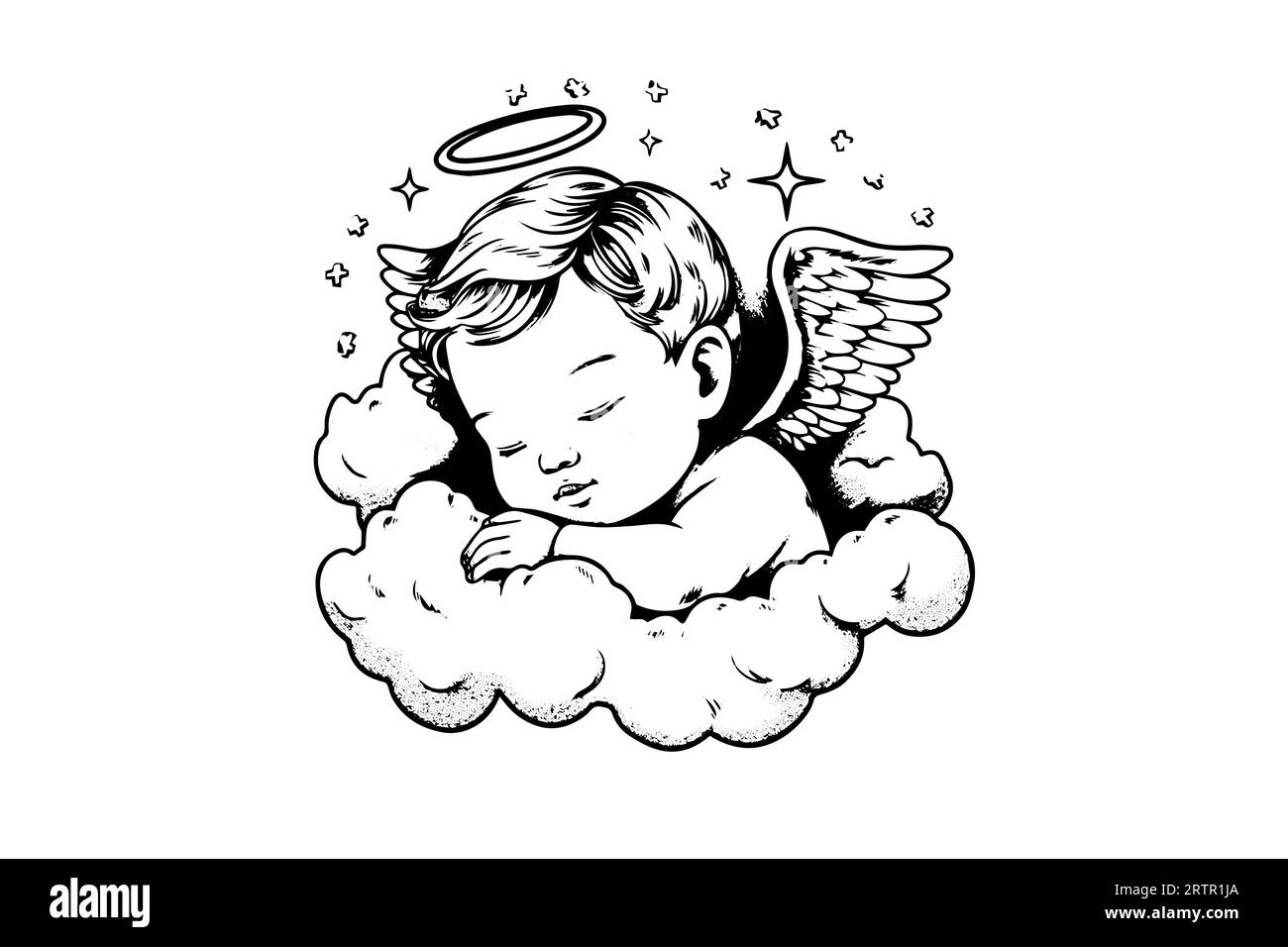 Dessin de gravure dessiné à la main d'un mignon petit ange dormir sur un nuage. Illustration vectorielle. Illustration de Vecteur