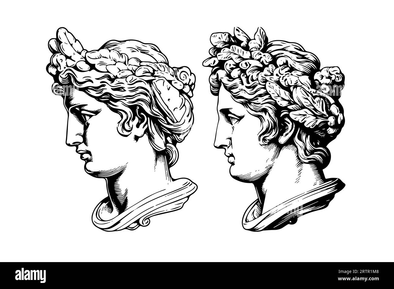 Ensemble de tête de statue antique de sculpture grecque esquisse gravure style pack d'illustration vectorielle. Illustration de Vecteur