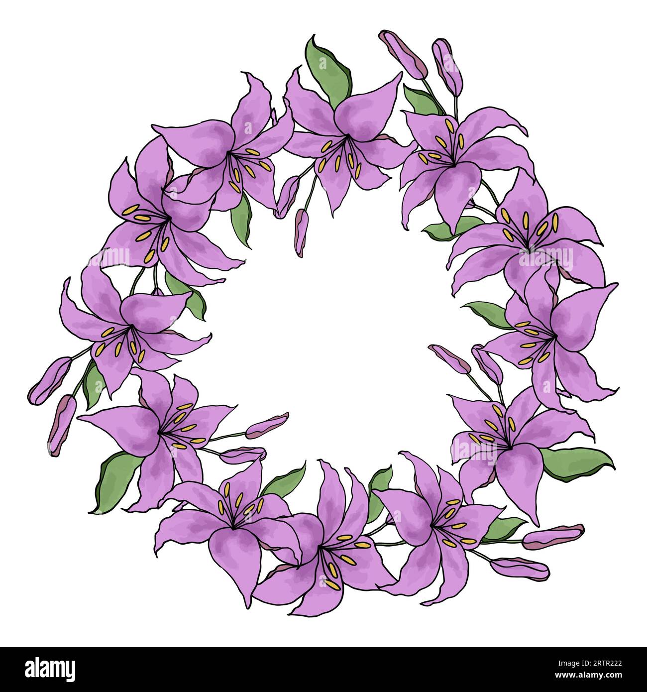 Lilly flower line art guirlande couronne cercle set, fond vectoriel Illustration de Vecteur