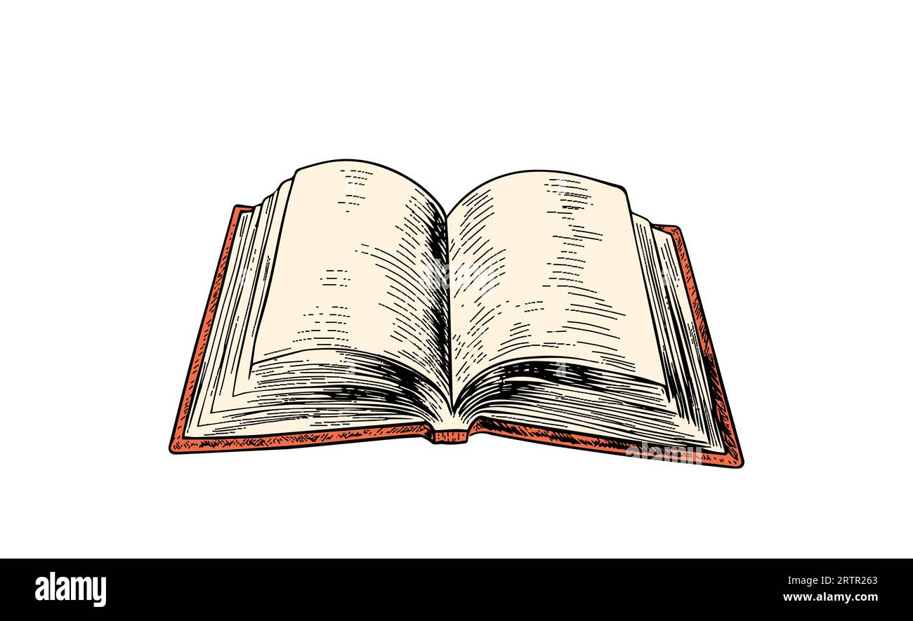 Ouvrir l'illustration vectorielle de gravure de croquis de livre. Imitation de style planche à gratter. Illustration de Vecteur