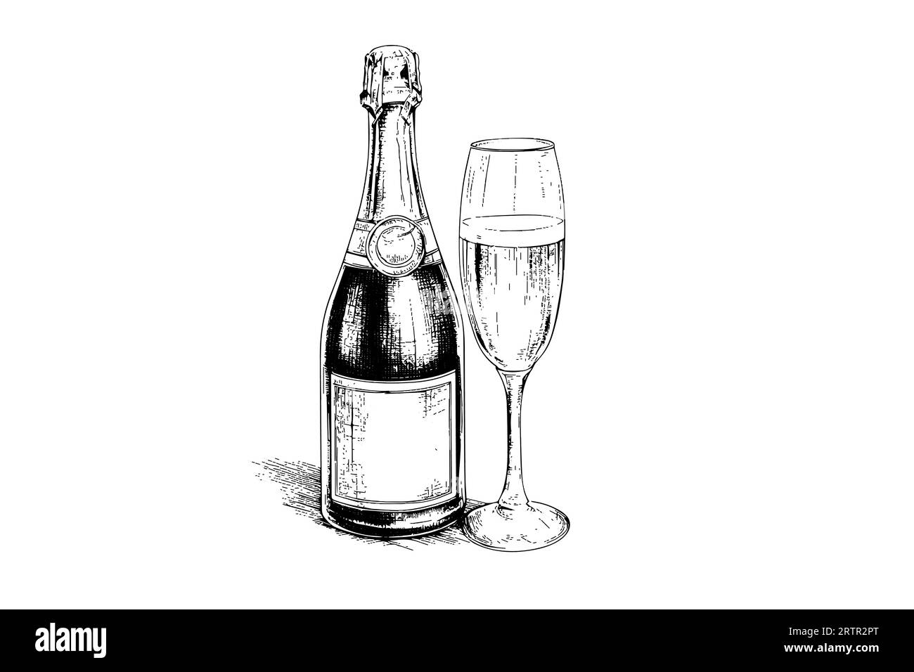 Bouteille avec champagne et art de style gravure en verre à vin, illustration vectorielle dessinée à la main. Illustration de Vecteur