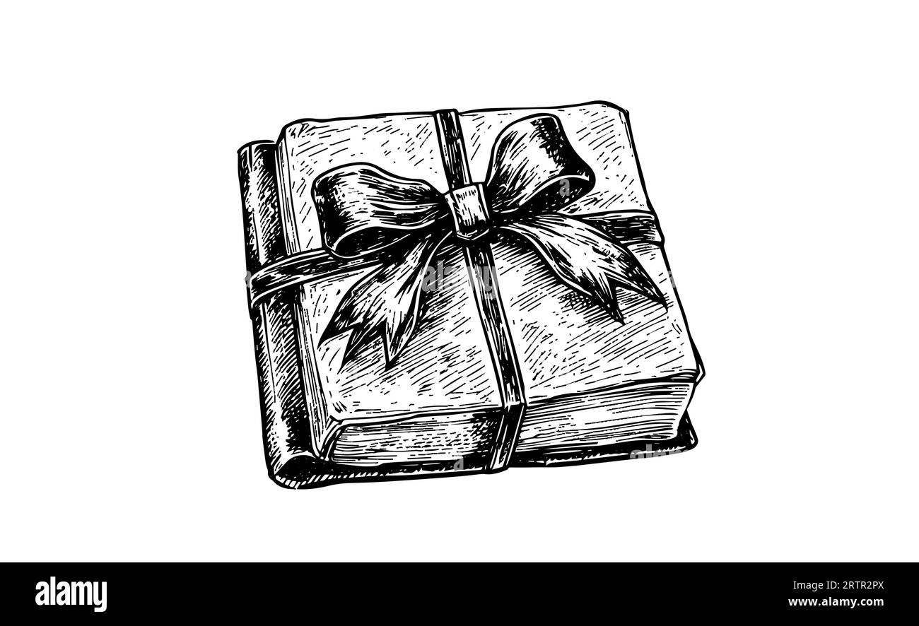 Croquis gravure cadeau de livre. Illustration vectorielle dessinée à la main. Image en noir et blanc. Illustration de Vecteur