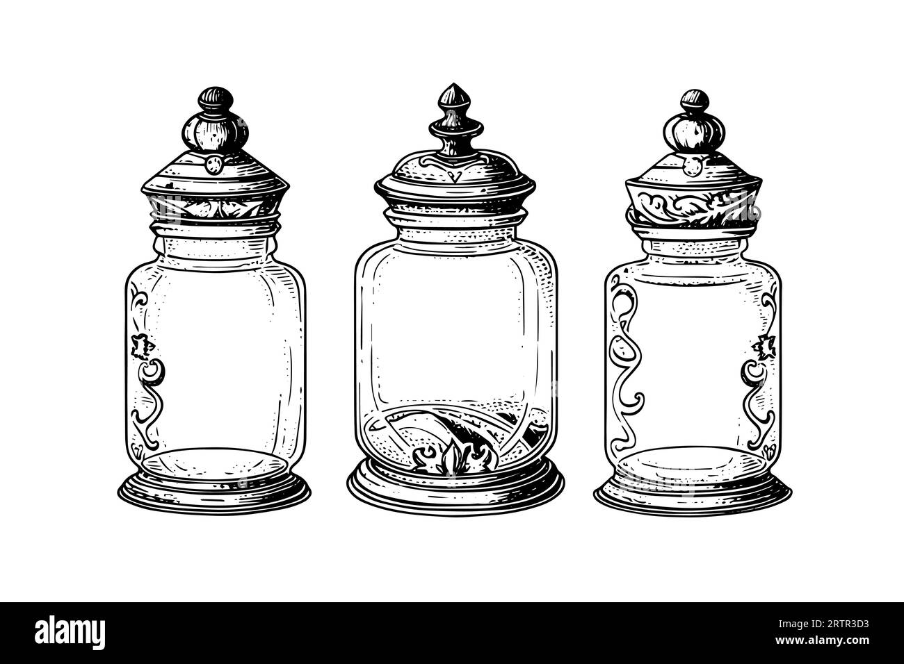 Croquis à l'encre des pots en verre vides. Illustration de gravure noire vintage Vector. Illustration de Vecteur