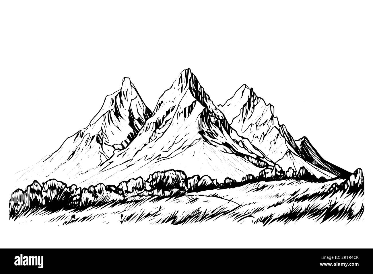 Croquis à l'encre dessiné à la main de paysage de montagne. Illustration vectorielle de logotype de style gravé. Illustration de Vecteur