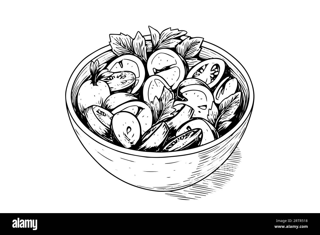 Bol légumes salade croquis à l'encre dessiné à la main. Illustration vectorielle de style de gravure. Illustration de Vecteur