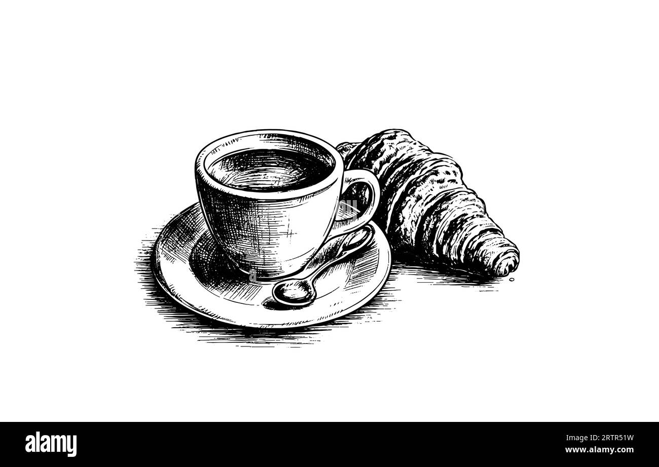 Une tasse de café et croisant sur une soucoupe avec une cuillère. Illustrations de style gravure vectorielle dessinées à la main. Illustration de Vecteur
