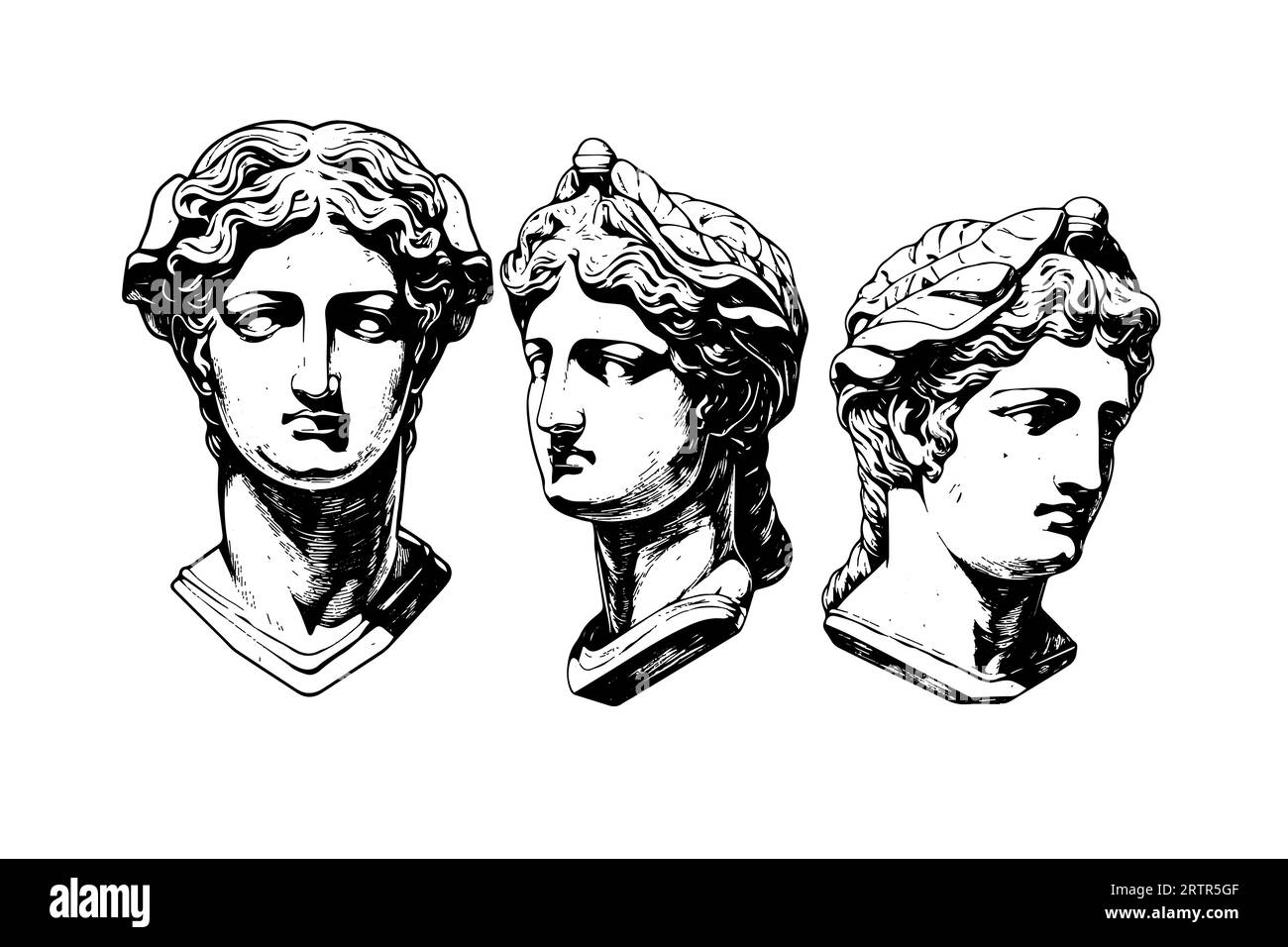 Ensemble de tête de statue antique de sculpture grecque esquisse gravure style pack d'illustration vectorielle. Illustration de Vecteur