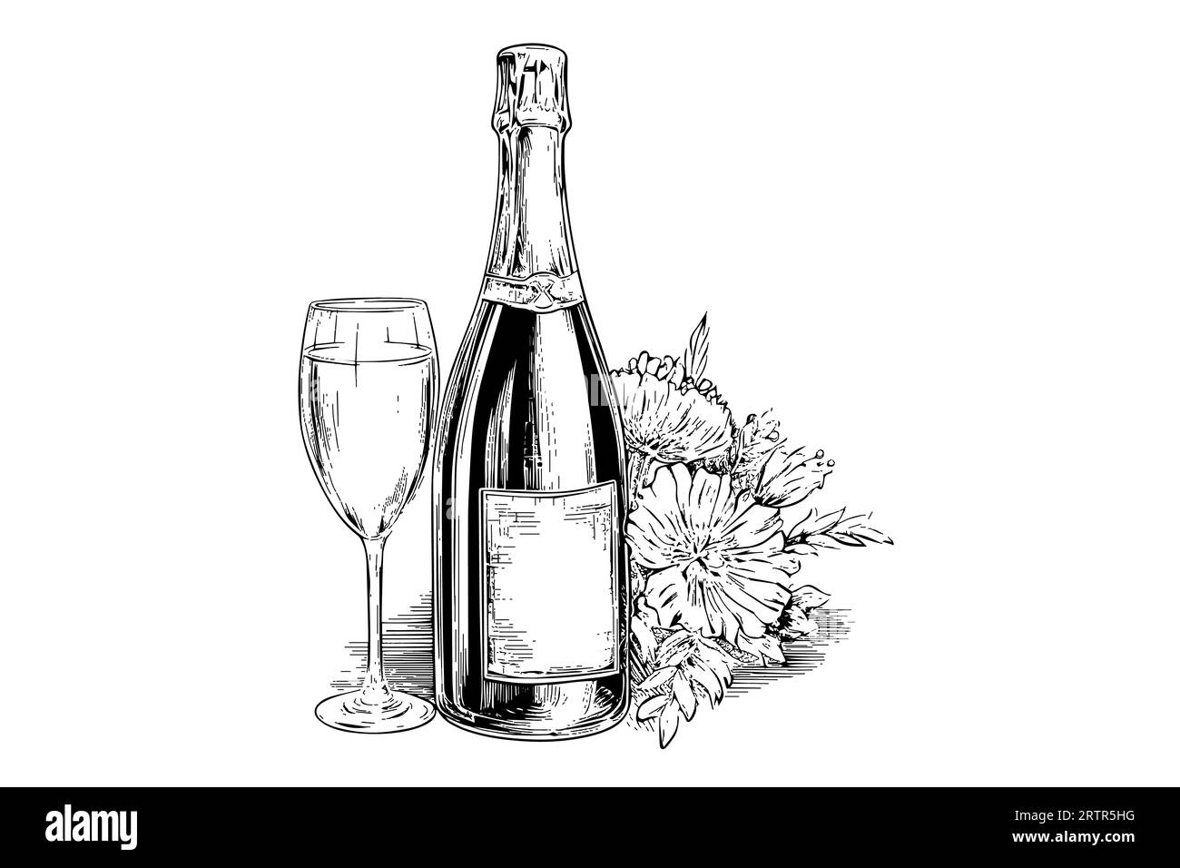 Bouteille avec champagne et verre à vin et art de style gravure de fleurs, illustration vectorielle dessinée à la main. Illustration de Vecteur