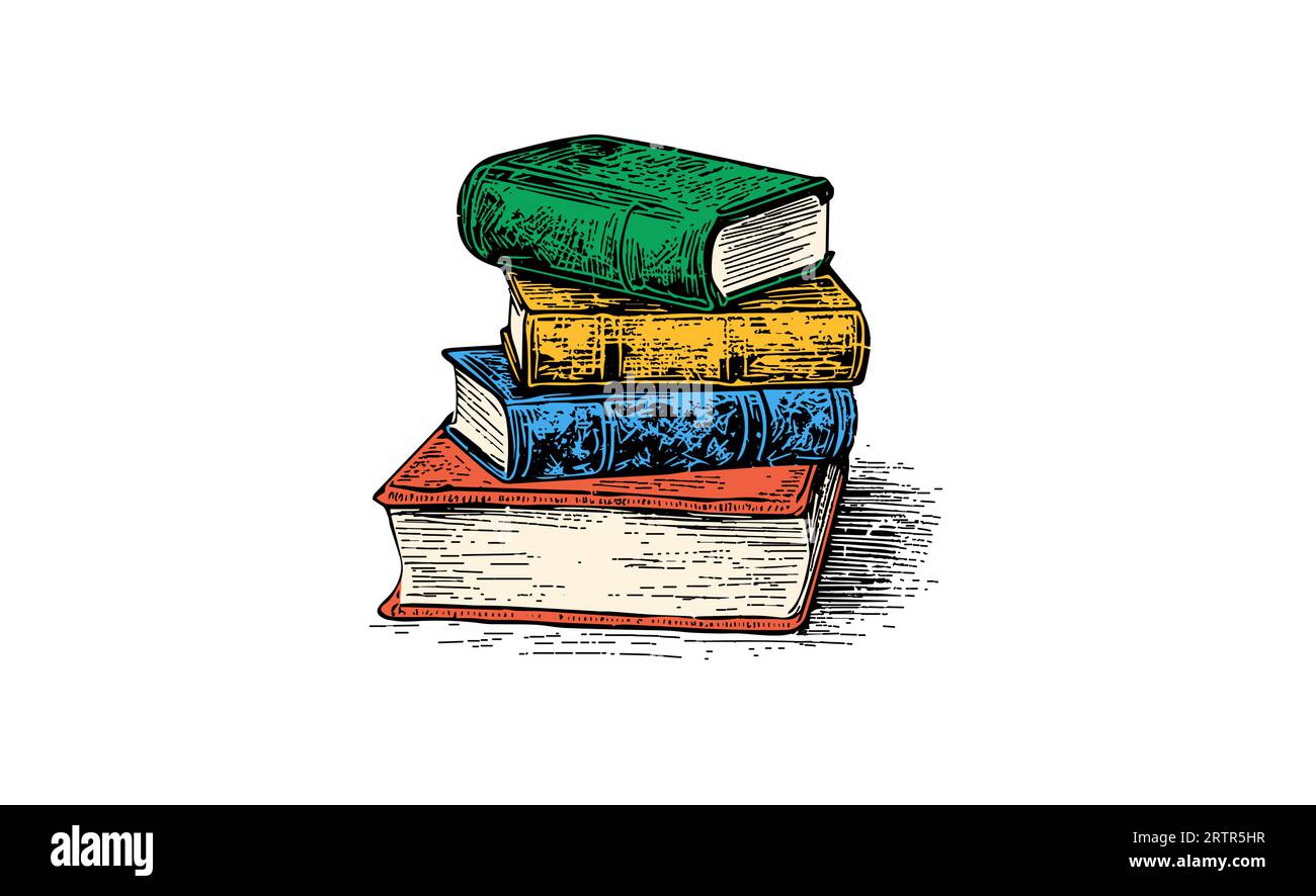 Croquis gravure pile de livres. Illustration vectorielle dessinée à la main. Image couleur. Illustration de Vecteur