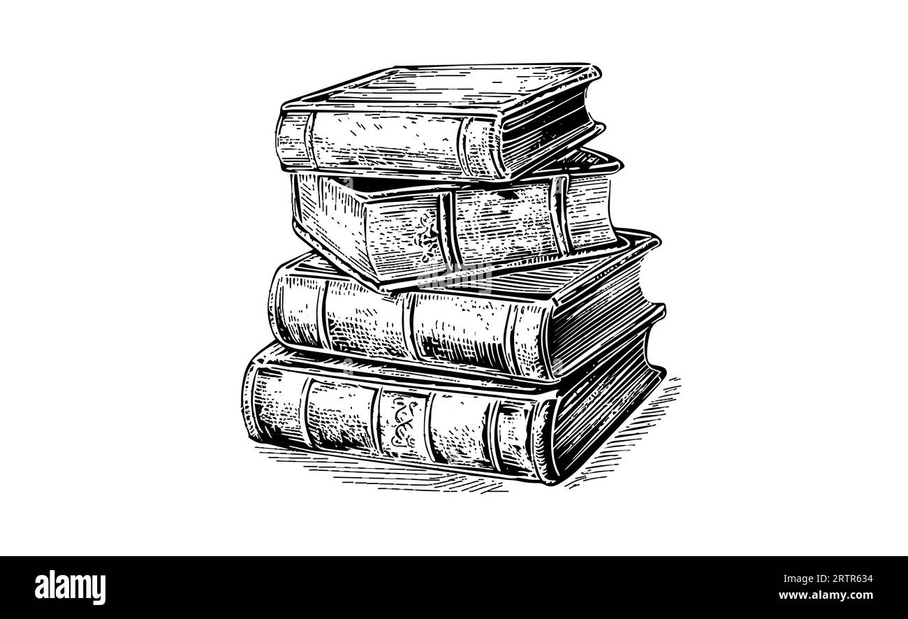 Croquis gravure pile de livres. Illustration vectorielle dessinée à la main. Composition noir et blanc. Illustration de Vecteur