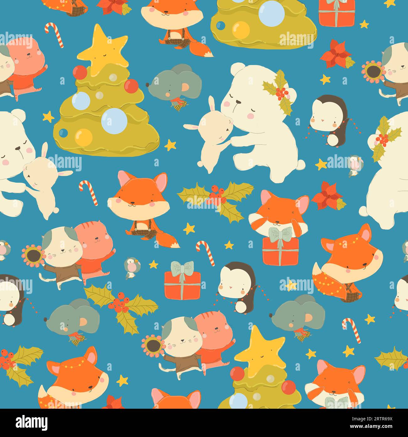 Motif sans couture avec des animaux mignons Cartoon célébrant Noël Illustration de Vecteur