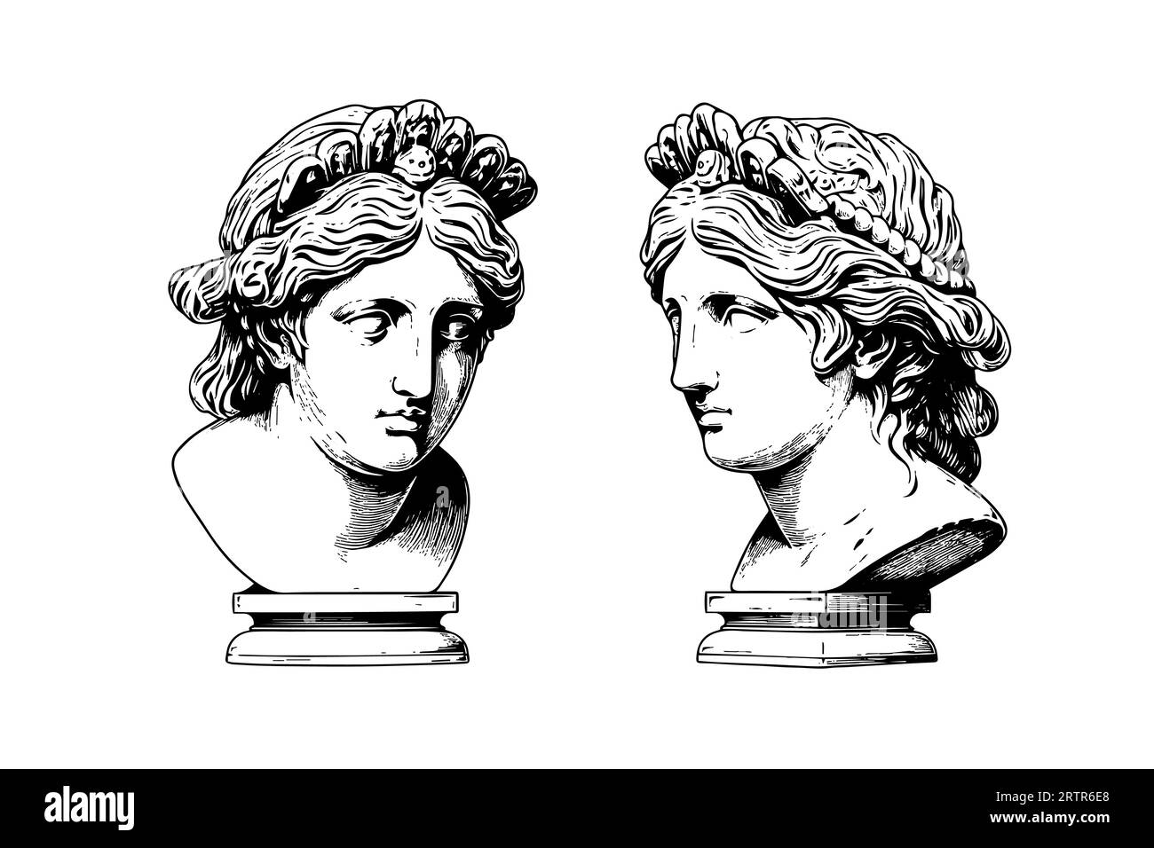 Ensemble de tête de statue antique de sculpture grecque esquisse gravure style pack d'illustration vectorielle. Illustration de Vecteur