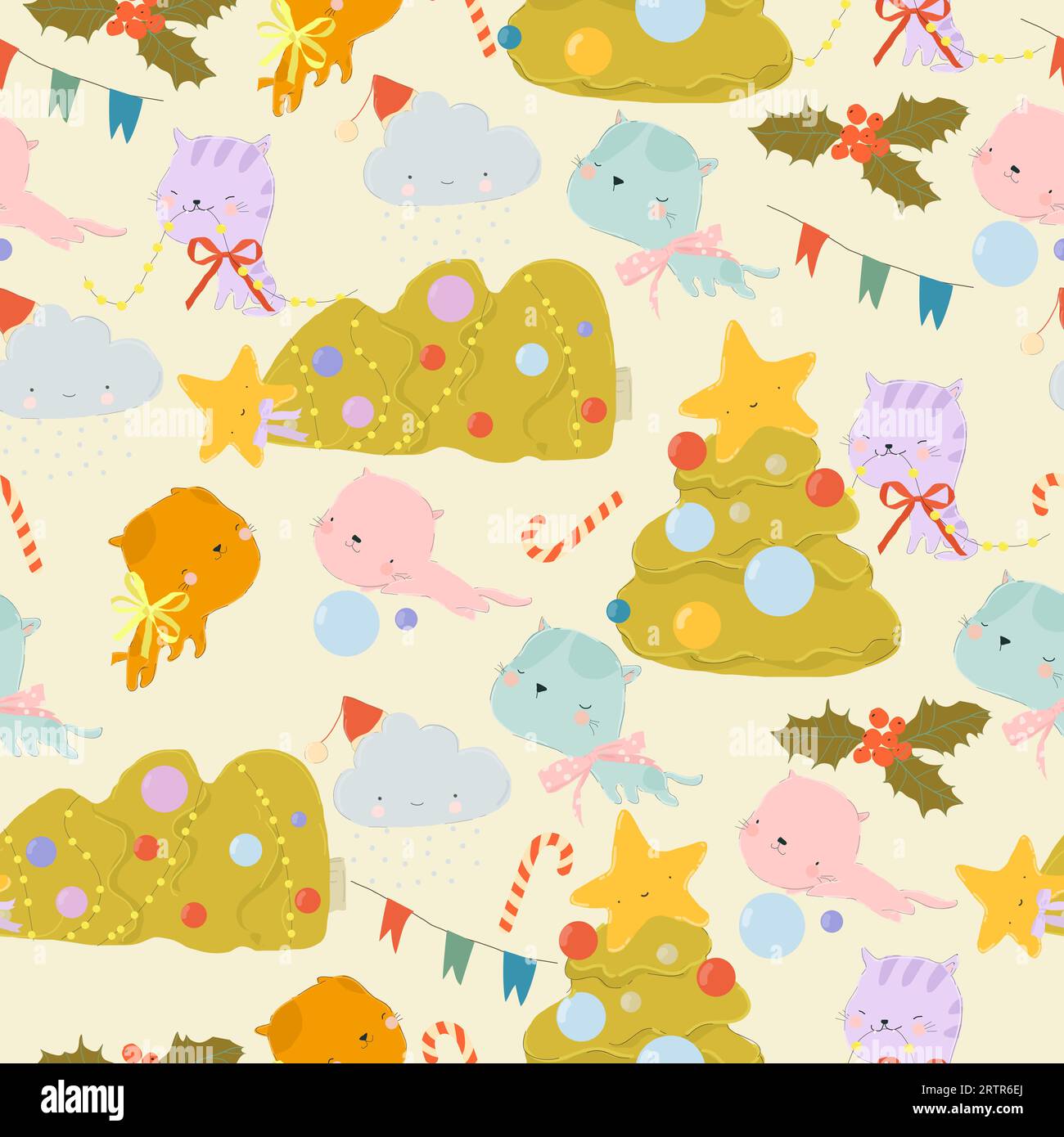 Motif sans couture avec des chats a laissé tomber l'arbre de Noël Illustration de Vecteur