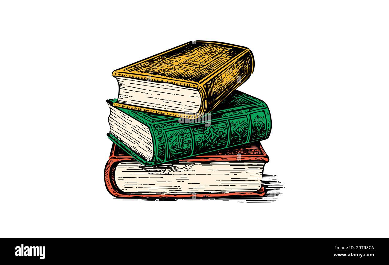 Croquis gravure pile de livres. Illustration vectorielle dessinée à la main. Image couleur. Illustration de Vecteur