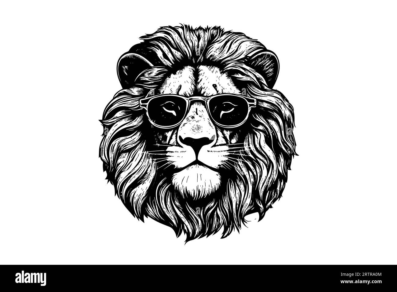 La tête de lion dans les lunettes dessinent à la main la gravure vintage illustration vectorielle noir et blanc sur un fond blanc. Illustration de Vecteur