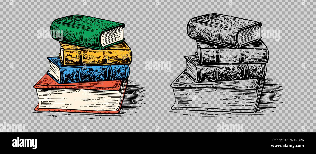 Croquis gravure pile transparente de livres ensemble. Pack d'illustrations vectorielles dessinées à la main. Illustration de Vecteur
