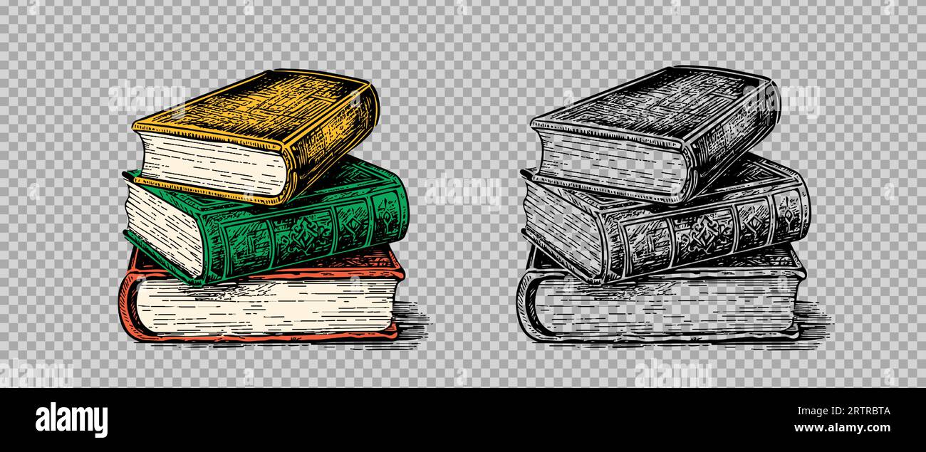 Croquis gravure pile transparente de livres ensemble. Pack d'illustrations vectorielles dessinées à la main Illustration de Vecteur