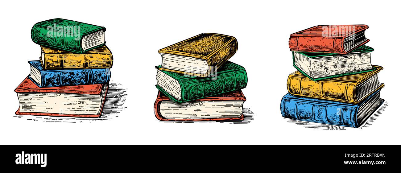 Pile de livres de gravure de croquis. Pack d'illustrations vectorielles dessinées à la main.image couleur. Illustration de Vecteur