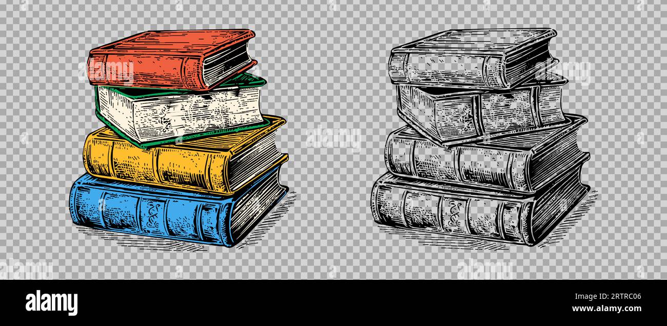 Croquis gravure pile transparente de livres ensemble. Pack d'illustrations vectorielles dessinées à la main Illustration de Vecteur