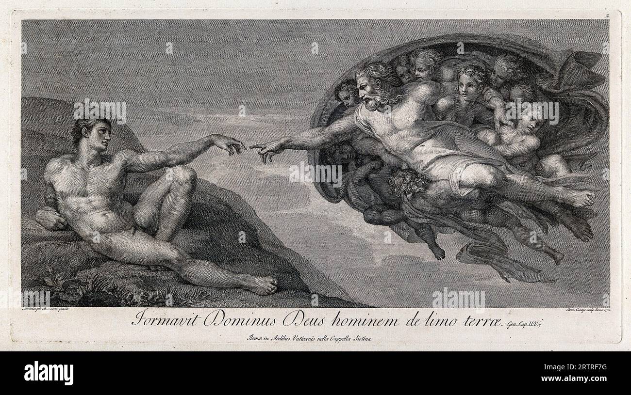 La création d'Adam, gravure de Domenico Cunego, 1772, d'après Michel-Ange Banque D'Images