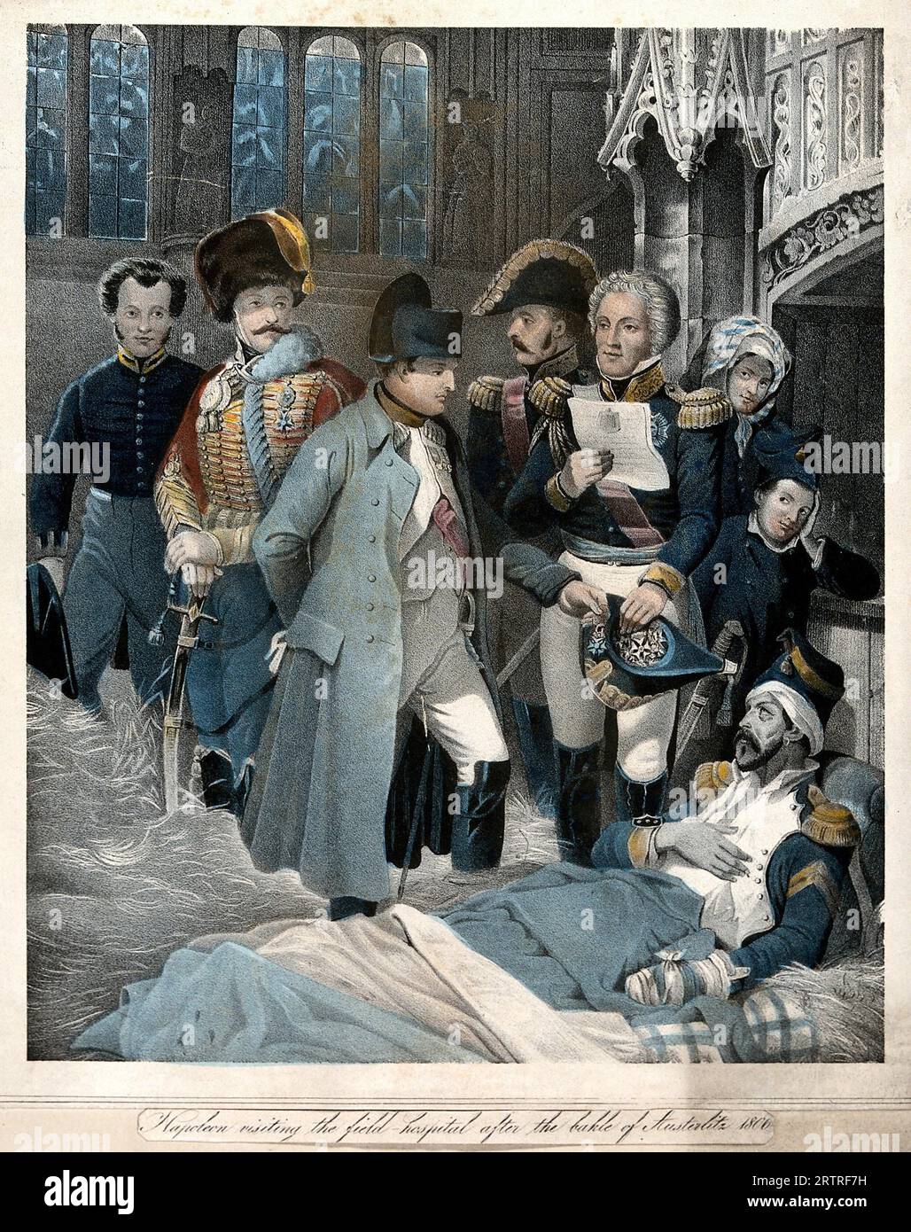 Bataille d'Austerlitz, Napoléon visite des soldats blessés dans une église utilisée comme hôpital de campagne après la bataille, lithographie colorée 1806 Banque D'Images